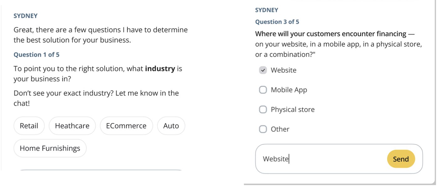 The chatbot asking intake questions about industry and channel