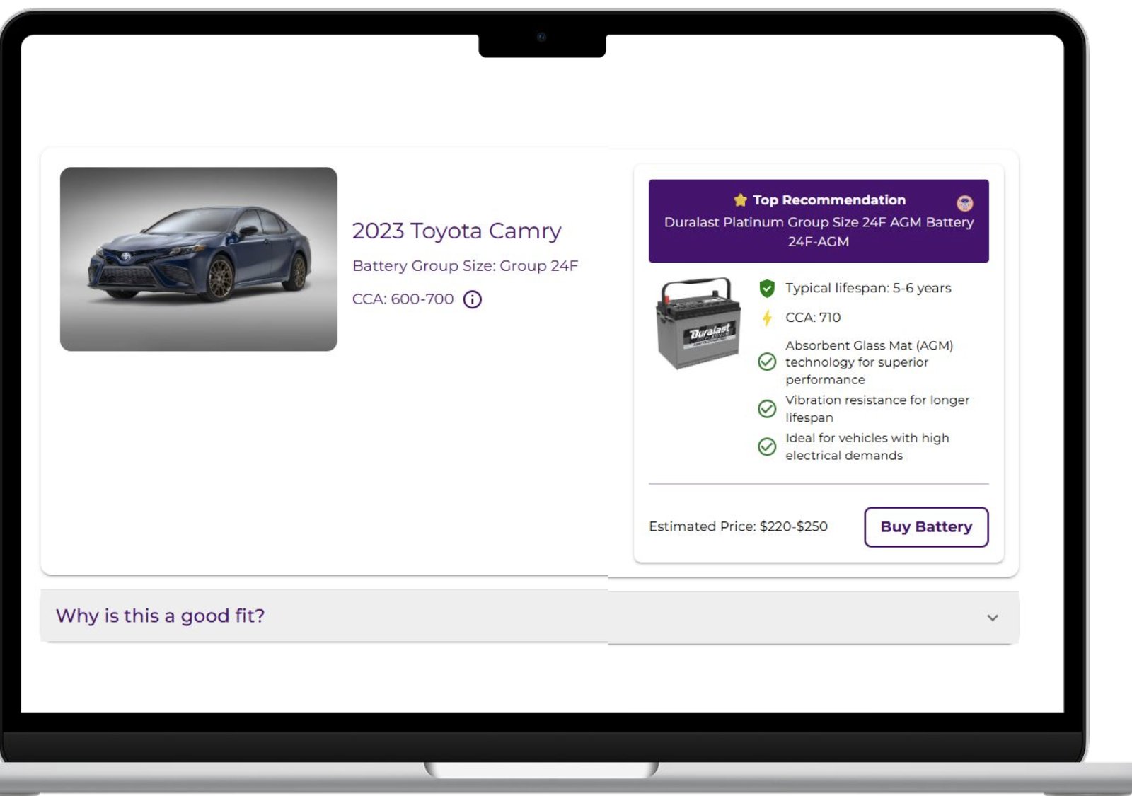 The final recommendation screen for a 2023 Toyota Camry