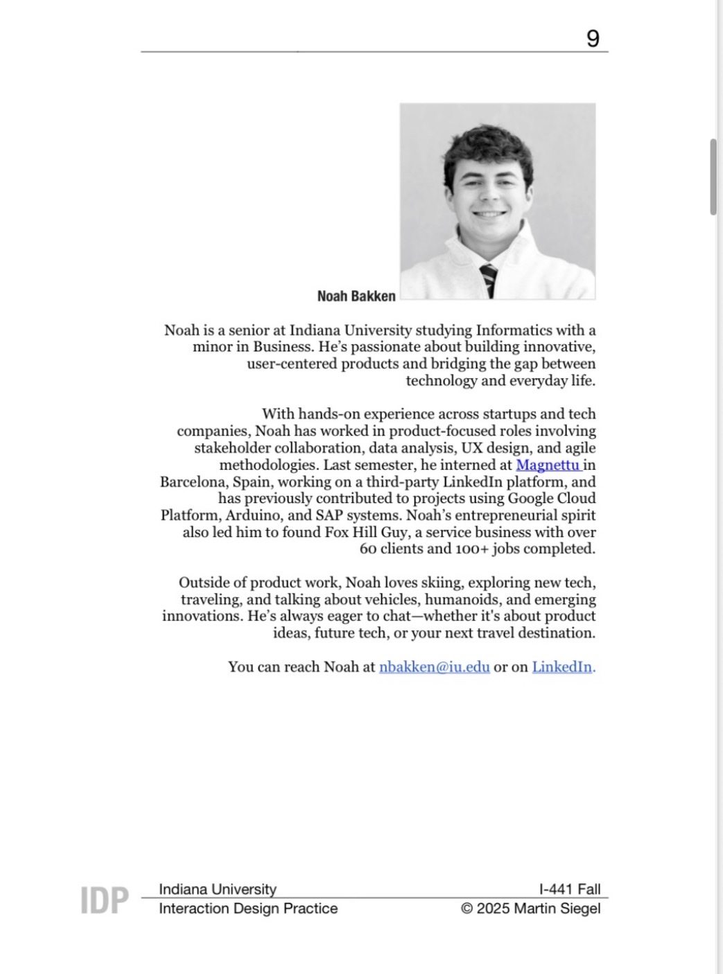 Noah’s teaching assistant page in the I-441 course book